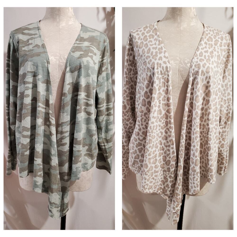 Belle Kim Gravel Lot of 2 Open Waterfall Cardigans Size XL Camo Animal Leopard